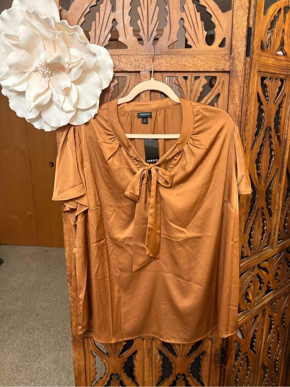 Satin Tie-Neck Blouse in Rust/Copper Size 2X